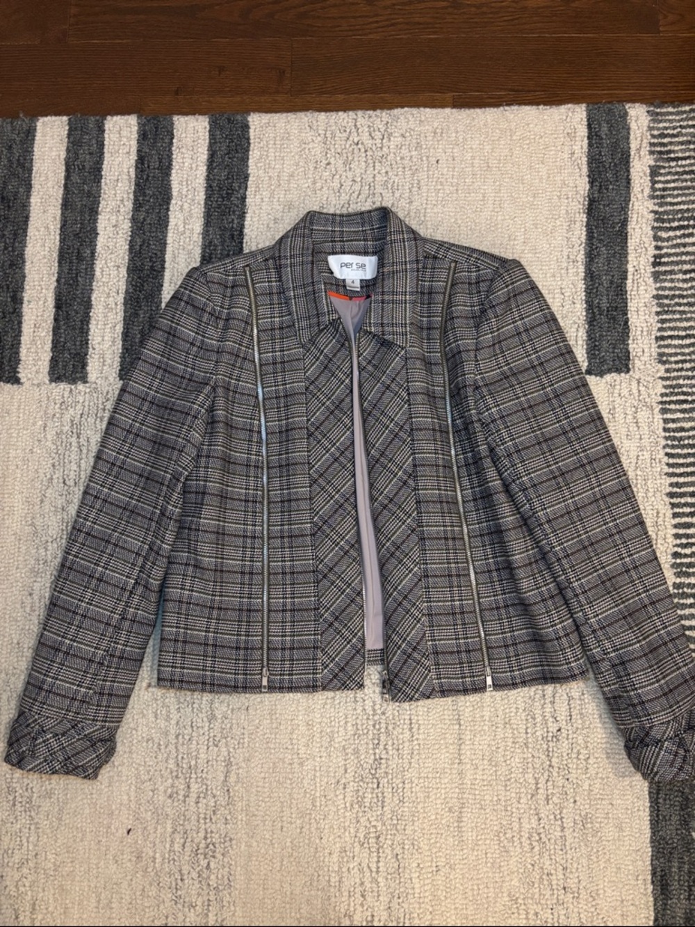 Per Se Gray Plaid Zip-Front Blazer Jacket
